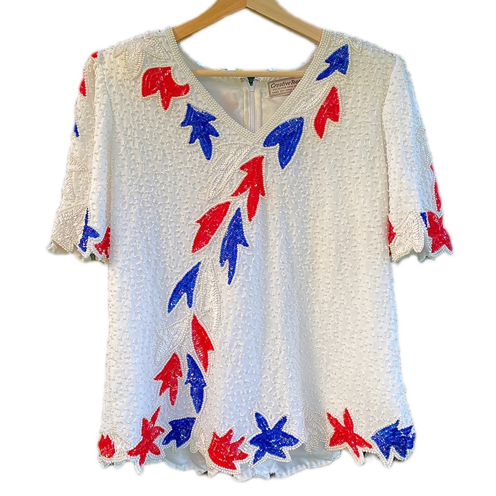 Vintage Beaded Sequin Red White & Blue Blouse Padded Shoulder 4th of July USA